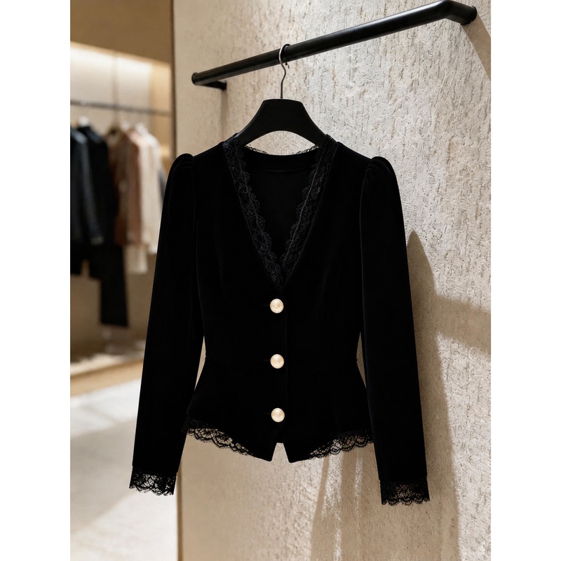 French Elegant and Gentle Style Black Velvet Lace Jacket for Women, New Autum Style, Fashionable, Light and Sophisticated Retro Top French Elegant and Gentle Style Black Velvet Lace Jacket for Women, New Autum Style, Fashionable, Light and Sophisticated Retro Top