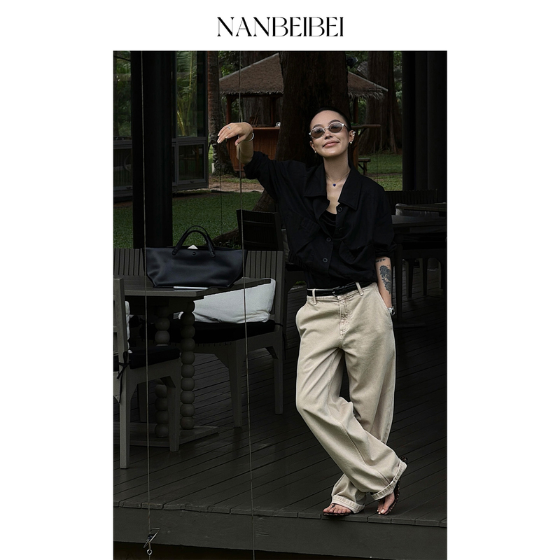 Nanbeibei'Old Money' Khaki Loose Straight-Leg Jeans for Women, Winter Low-Waist Wide-Leg Pants