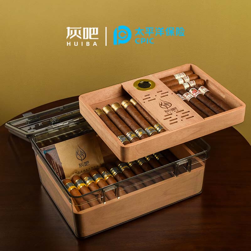 Gray Cigar Humidor Imported Cedar Wood Box for Aging and Moisturizing Cigars, Moisture-Proof, Portable, Double-Layer, Large Capacity Gray Cigar Humidor Imported Cedar Wood Box for Aging and Moisturizing Cigars, Moisture-Proof, Portable, Double-Layer, Large Capacity