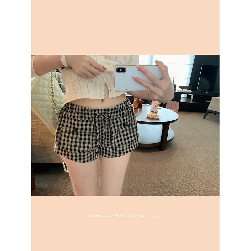 Lukira Graceful Plaid Vintage Black Apricot Checkered Drawstring Cargo Pocket Casual Pants Women's Autumn Straight Shorts
