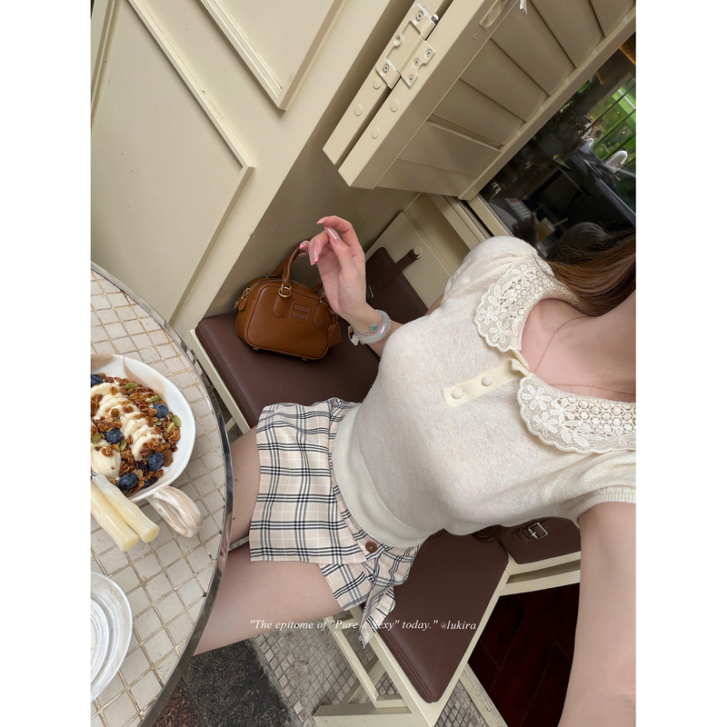 Lukira Soft Time French Lace Doll Collar Mulberry Silk Women's Summer Slim Knit T-Shirt Top