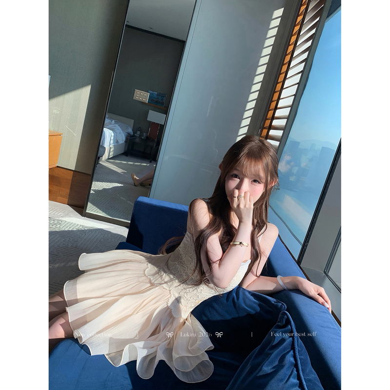 Lukira Moonlight Gauze Heavy Jacquard Satin Tulle Chiffon Strap Dress Women's Spring Waist-Cinching Short Dress