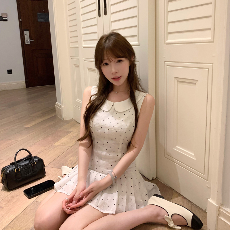 Lukira Cream Polka Dot White Polka Dot Doll Collar Vest Dress Women's Spring and Summer Waist-Cinching Pleated Short Skirt Lukira Cream Polka Dot White Polka Dot Doll Collar Vest Dress Women's Spring and Summer Waist-Cinching Pleated Short Skirt