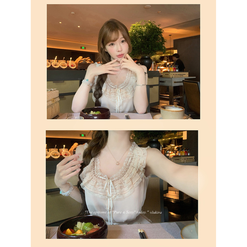 Lukira Antique Lace Doll French Style Pure Desire Ruffle Drawstring Slimming Women's Summer Sleeveless Chiffon Shirt Lukira Antique Lace Doll French Style Pure Desire Ruffle Drawstring Slimming Women's Summer Sleeveless Chiffon Shirt