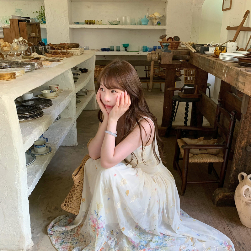 Lukira【Secret Mirror Garden】Seaside Resort Style Spaghetti Strap Dress for Women, Spring and Summer Heavy Embroidery A-Line Long Dress