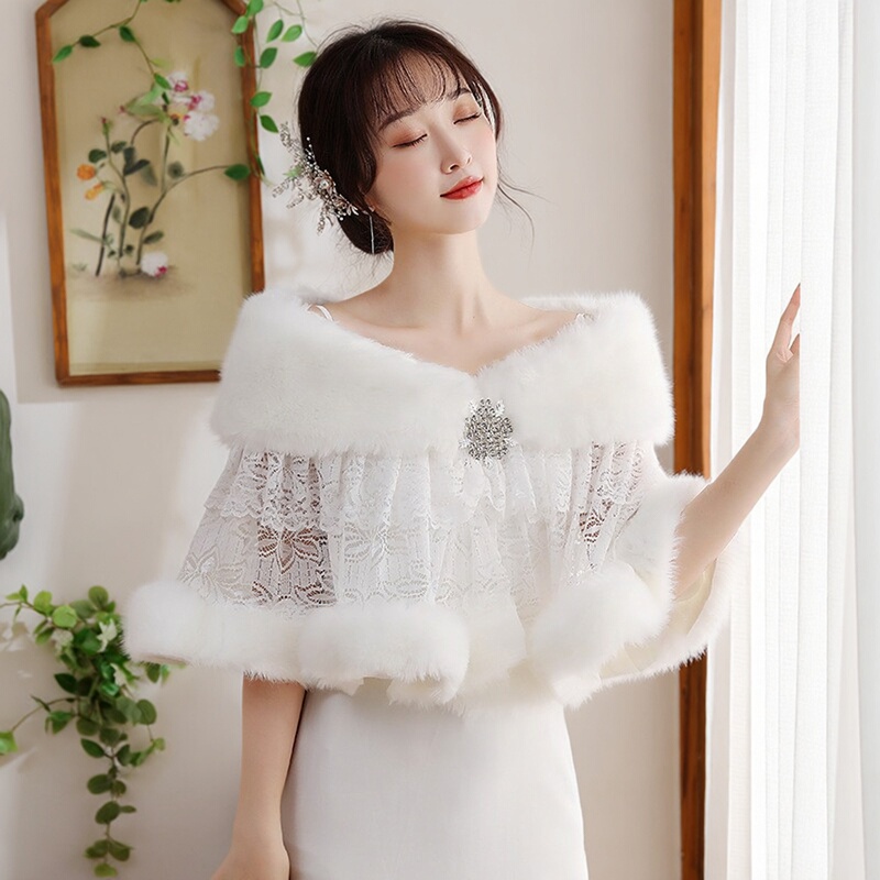 Wedding Shawl Winter 2025 New Style White Bride Wedding Bridesmaid Toast Dress Cheongsam Outerwear Fur Cape