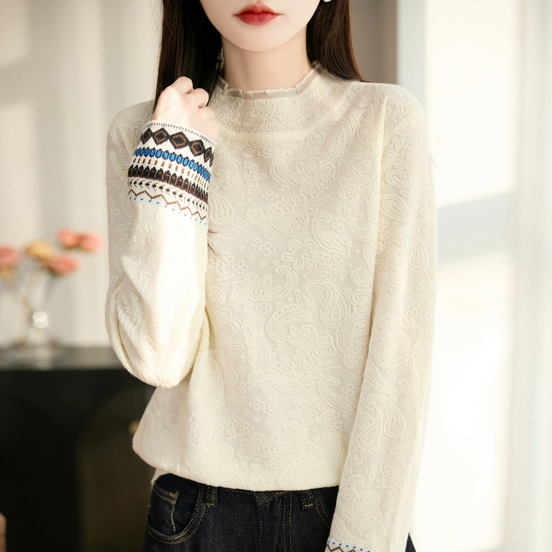 New Chinese-Style Lace-Trimmed Half-Turtleneck Sweater for Women, Autumn and Winter New Style, Inner Layer with Chanel-Style Jacquard Knit Base Shirt