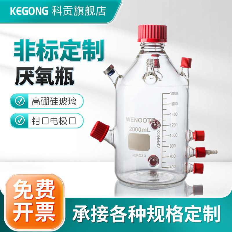 玻璃非标定制实验仪器 2000ml多口厌氧瓶 污泥反应器 细胞培养装置 沼气实验室装置 厌石油采样瓶MFC电池盒
