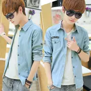 Mùa xuân và mùa thu nam áo sơ mi denim giản dị cộng với chất béo lớn kích thước dài tay áo dày - Cực lớn