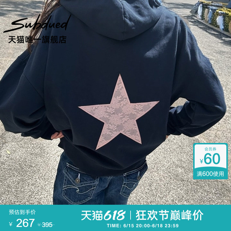 Subdued Sweatshirt Summer Women's Star Patch Front Pocket Long Sleeve Hoodie Subdued Sweatshirt Summer Women's Star Patch Front Pocket Long Sleeve Hoodie