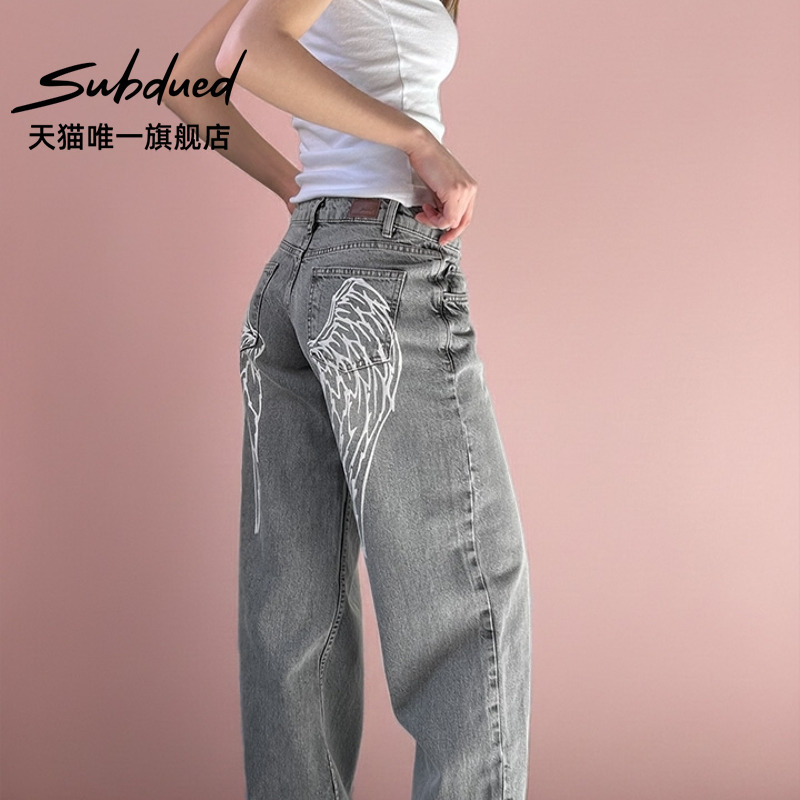 Subdued Jeans Summer Women's Loose Low-Waist Wing Print Loose Casual Wide-Leg Pants