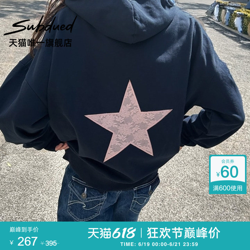 Subdued Sweatshirt Summer Women's Star Patch Front Pocket Long-Sleeve Hoodie