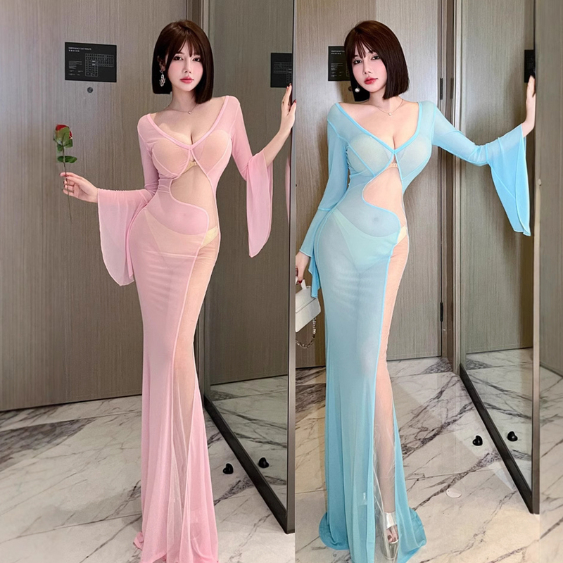 Sexy See-Through Mesh Patchwork Long Dress with Bell Sleeves, Front and Back Mesh, Low-Cut Gown, Sauna Technician Ktv Princess Dress