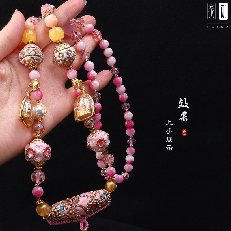 Thai Three-Piece Buddha Amulet Chain with Bohemian Pink Elements, Popular Handmade Pendant Rope Chain