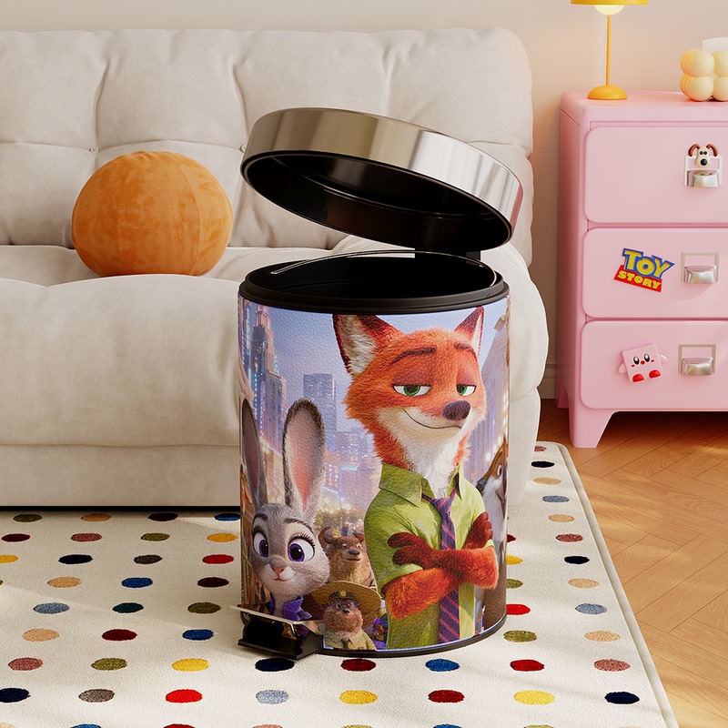 Zootopia Leather Trash Can for Home Use, Large Capacity, Odor-Proof, Sanitary Bin for Bedroom and Living Room, with Lid, Storage Bin