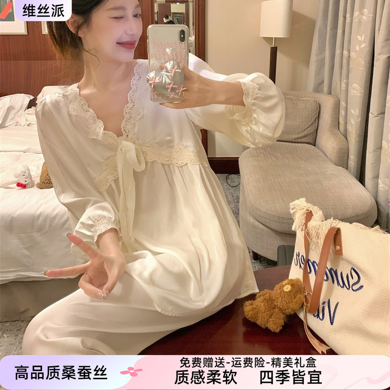 Silk Pajamas for Women, Spring and Autum, French V Neck, Lace Trim, Sexy Long-Sleeved Mulberry Silk Nightgown, Home Wear Set