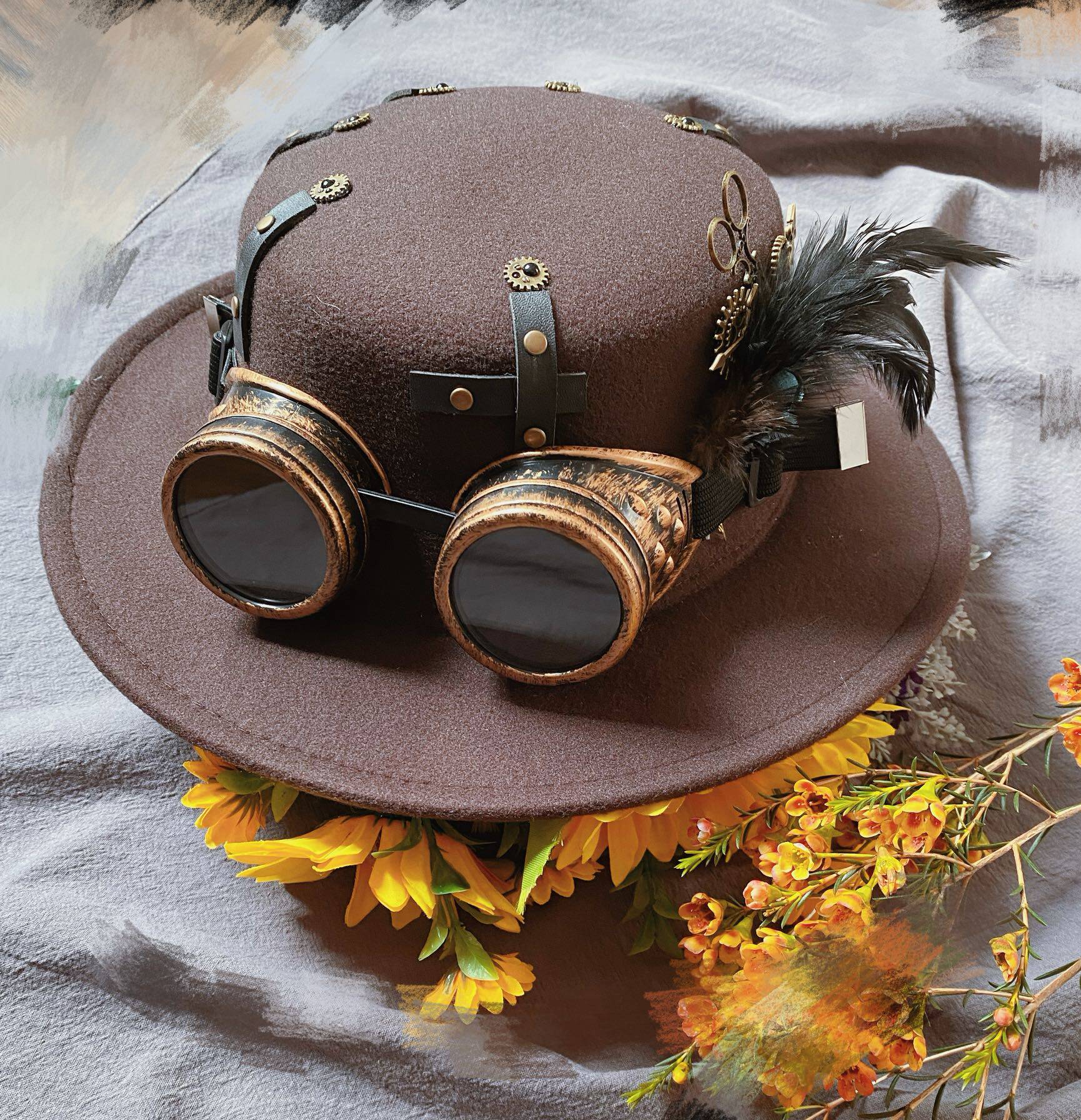 Original Steampunk Detachable Glasses Feather Retro Jazz Brown Flat-Top Wool Felt Hat for Men and Women