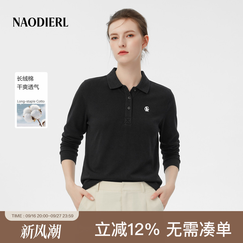 Naotier Small Sailboat Black Polo Shirt for Women 2026 Spring and Autumn New Long-Sleeved Lapel T-Shirt