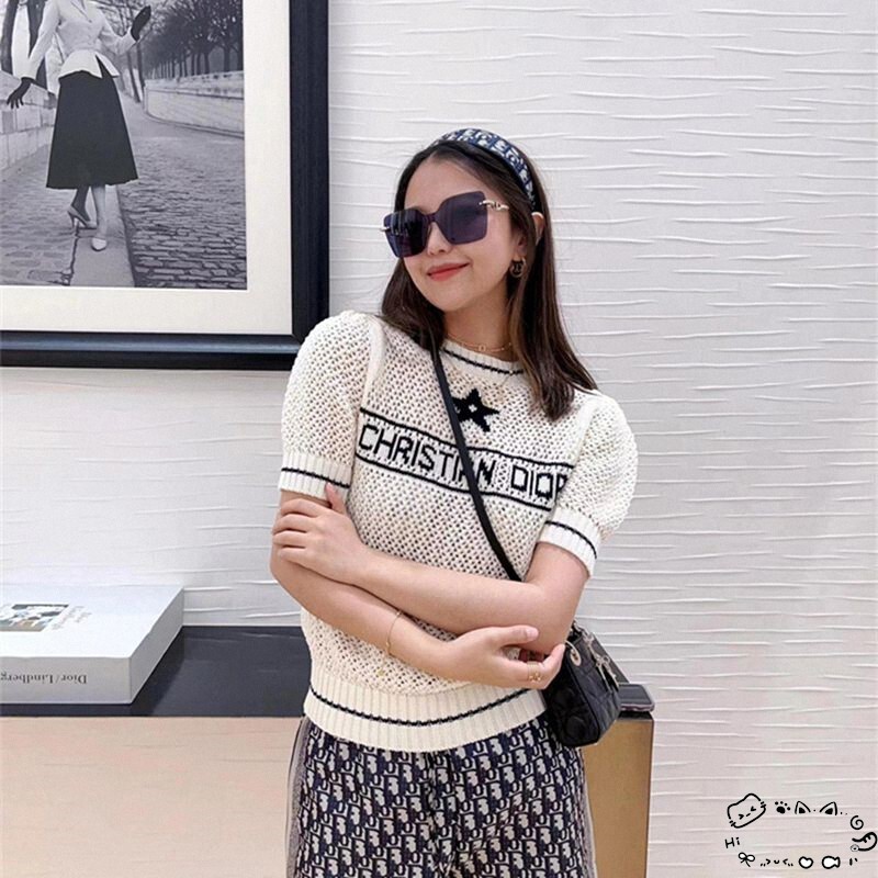 Dior/Dior New Model Five-Pointed Star Embroidery Letter Stripe Color-Blocking Hollow Short-Sleeve Knit T-Shirt for Men and Women Dior/Dior New Model Five-Pointed Star Embroidery Letter Stripe Color-Blocking Hollow Short-Sleeve Knit T-Shirt for Men and Women