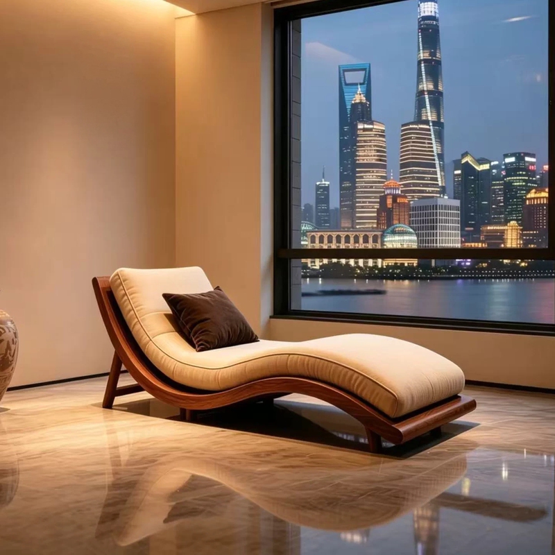 New Chinese-Style Black Walnut Wood Chaise Lounge Chair, Modern Minimalist Living Room Balcony Villa Homestay Hotel Solid Wood Sofa Lounge Chair