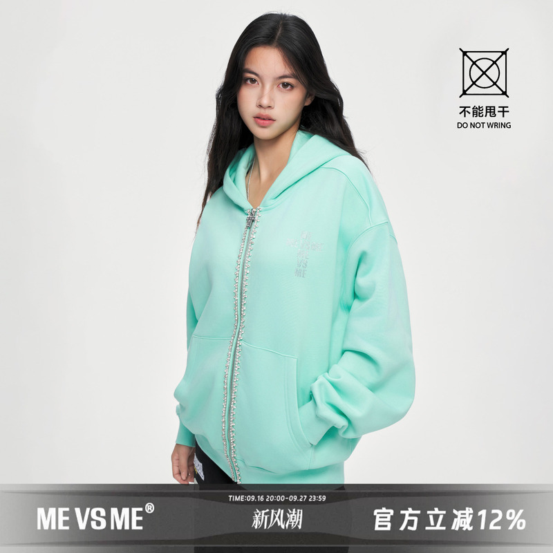 [Same Style as Chen Ze] Mevsme Hot-Stitched Rhinestone Zipper Hoodie