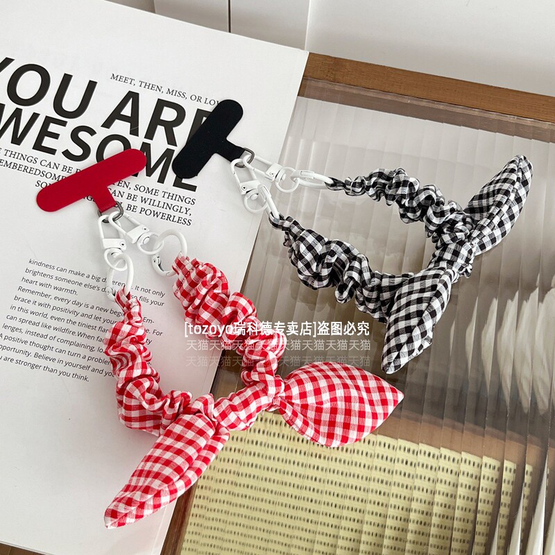 High Elasticity Bowknot Phone Lanyard Chain Plaid Fabric Strap Wrist Strap Double Buckle Hand Strap Wristband Accessory