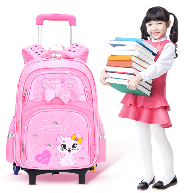 Elementary School Children's Trolley Schoolbag for Girls in Grades 2-3-6, Detachable, Stair-Climbing, Large-Capacity Backpack, Waterproof and Weight-Reducing Drag Bag for Girls
