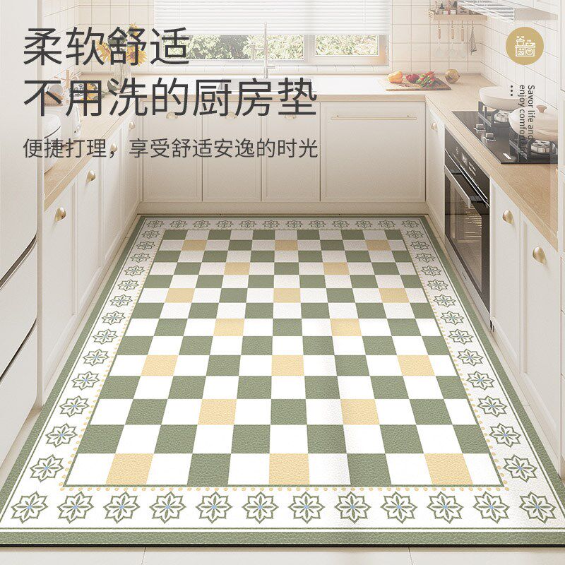 Kitchen floor mats are non-slip and oil-proof, wipeable and wash-free, kitchen carpets are fully covered with PVC floor mats, thickened doorway and stain-resistant floor mats.
