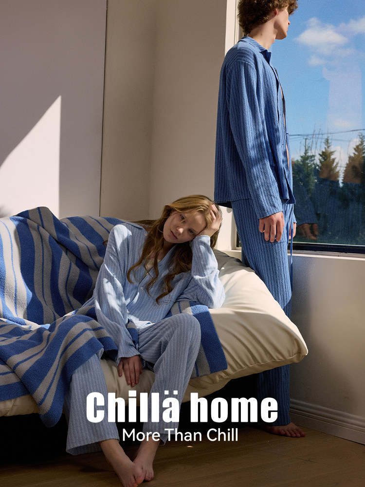 Chilla Home Eyelash Yarn Pinstripe Lapel Couple Loungewear Set Spring and Autumn Fashionable Wearable Outside Pajamas