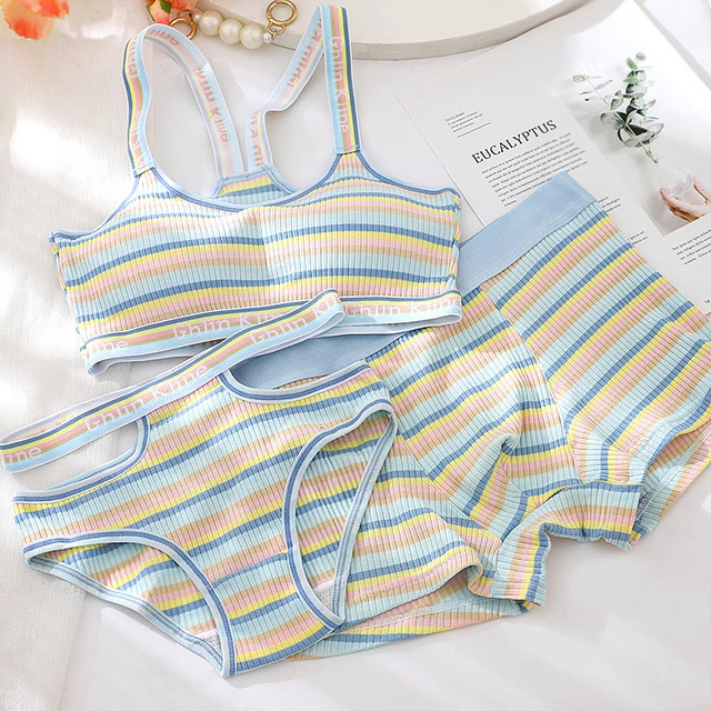 Couple sports strapless three-piece set dopamine stripes sweet Japanese underwear with chest pad bra panties set