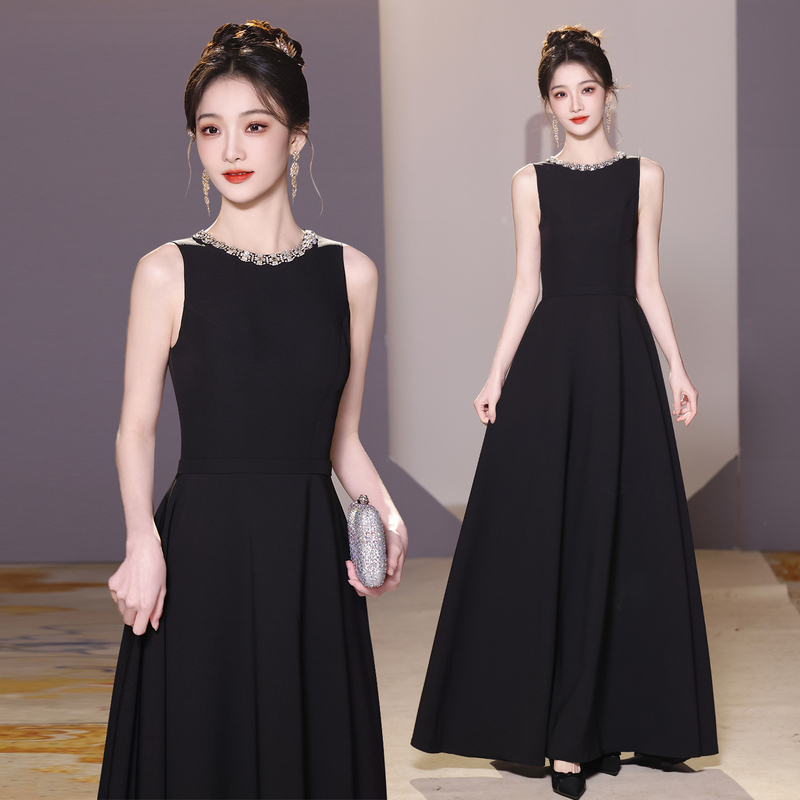 Black Banquet Performance Music Conductor Outfit for Women, Piano Performance Attire, Birthday Coming-Of-Age Ceremony Host Evening Gown, Long Style Black Banquet Performance Music Conductor Outfit for Women, Piano Performance Attire, Birthday Coming-Of-Age Ceremony Host Evening Gown, Long Style