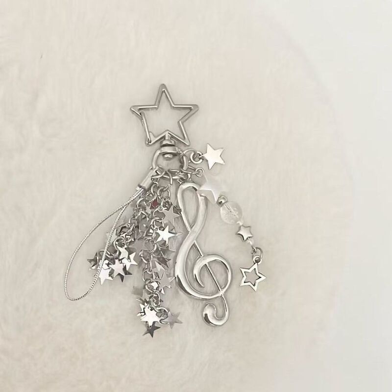 Y2K Millennium Style Silver Musical Note Star Pendant Hollow Star Tassel Mobile Phone Chain Bag Keychain Accessories