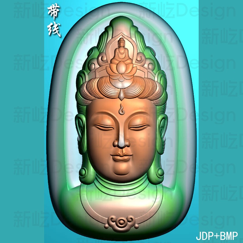 Jade Carving Image with Oval Concave Base, Front View of Guanyin Head, Pendant Plaque, Relief Image, Detailed Carving Image, Jdp Grayscale Image, Bmp