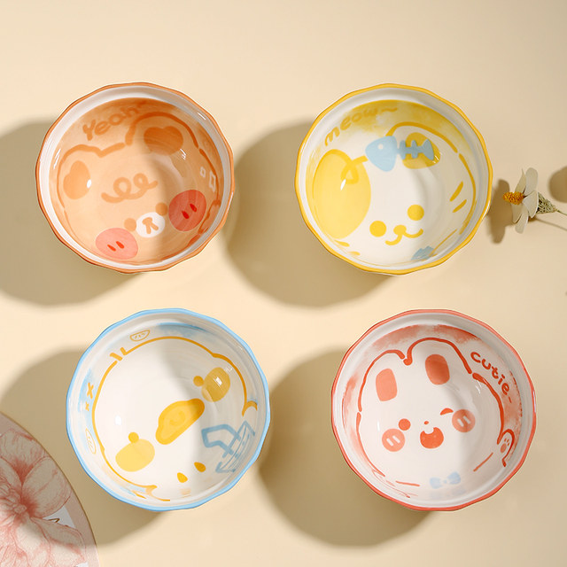 Cute pet cartoon rice bowl * 4 internet celebrity styles with high appearance and cute ceramic rice bowl set household tableware bowl utensils