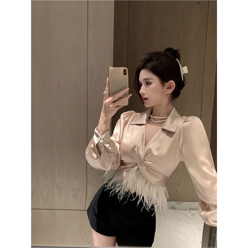 Hot Girl Sexy Satin Shirt for Women with Unique Design, Feather Tassel Blouse, Autumn French Style Socialite Long-Sleeve Top