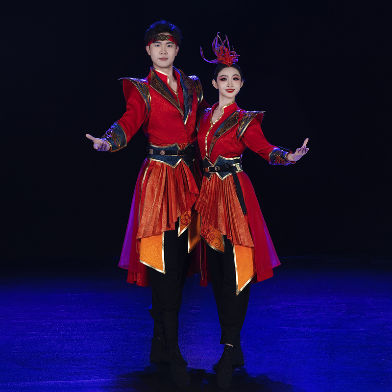 [Red Flame War Drum] Mongolian Dance Performance Costumes for Men and Women, Adult Red Tassel Ethnic Stage Costumes