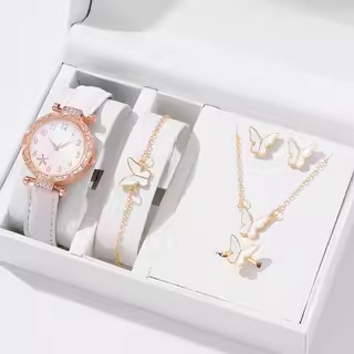 Watch for Women ins Light Luxury Watch with Diamond-Encrusted Starfish Pattern Dial, Leather Strap, Quartz Watch, Beaded Bracelet Set