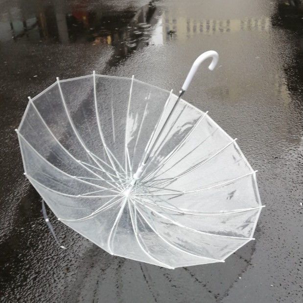 16-Rib Trendy Retro Transparent Umbrella with Long Handle, Automatic Umbrella with White Fiber Frame, Durable Umbrella 16-Rib Trendy Retro Transparent Umbrella with Long Handle, Automatic Umbrella with White Fiber Frame, Durable Umbrella