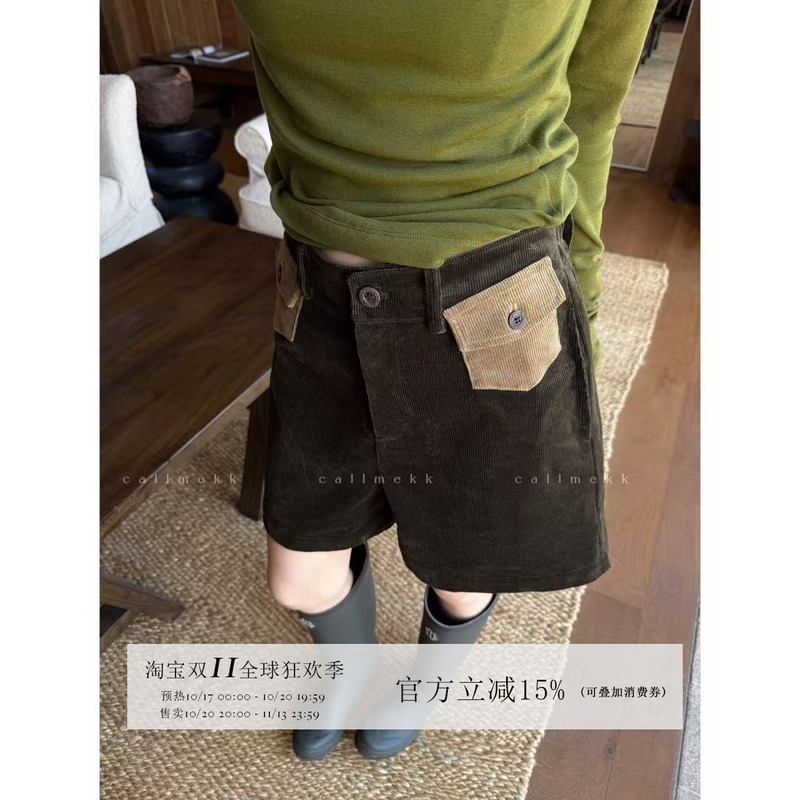 【Callmekk】 "Patchwork Design" Vintage Corduroy High-Density Ribbed Shorts Women's Versatile Casual Pants