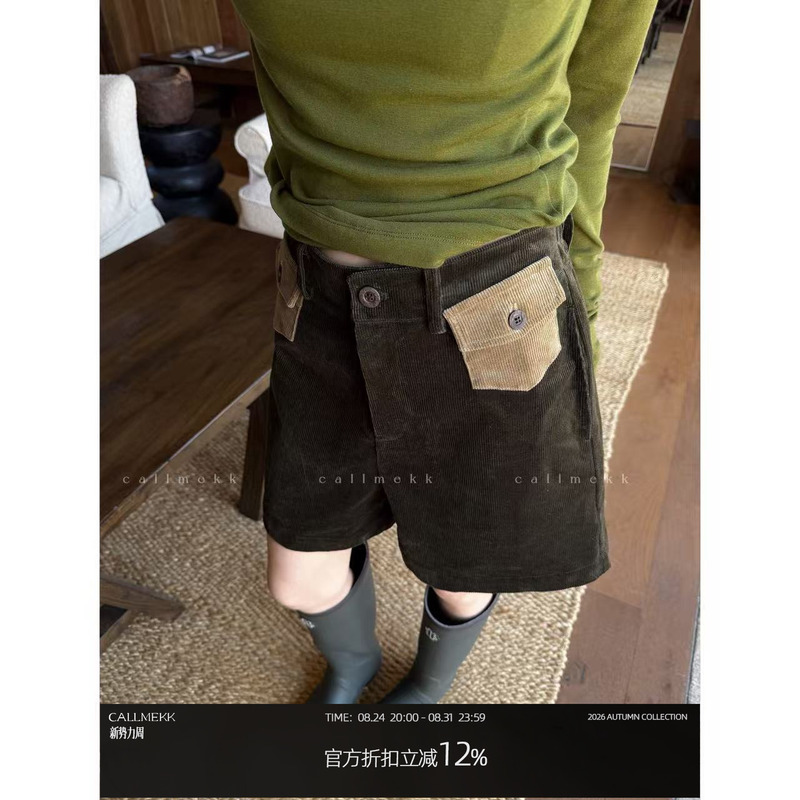 【Callmekk】 "Patchwork Design" Vintage Corduroy High-Density Ribbed Shorts Women's Versatile Casual Pants