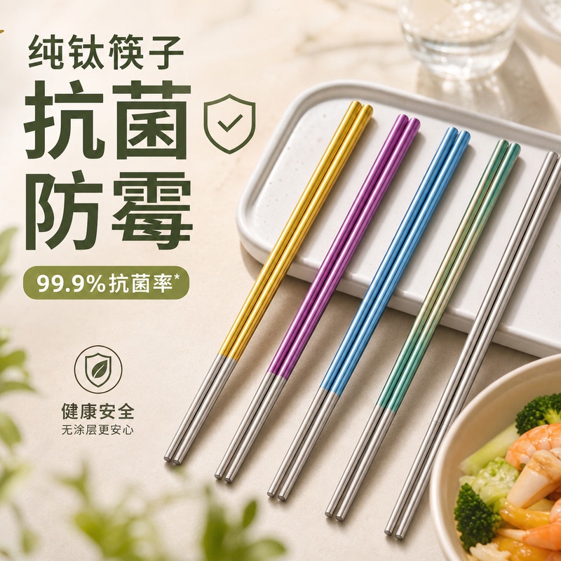 Pure Titanium Chopsticks, High-End Household Food-Grade Ta1, Non-Slip, Antibacterial, Anti-Mildew, One Person, One Chopstick, Family Tableware Set