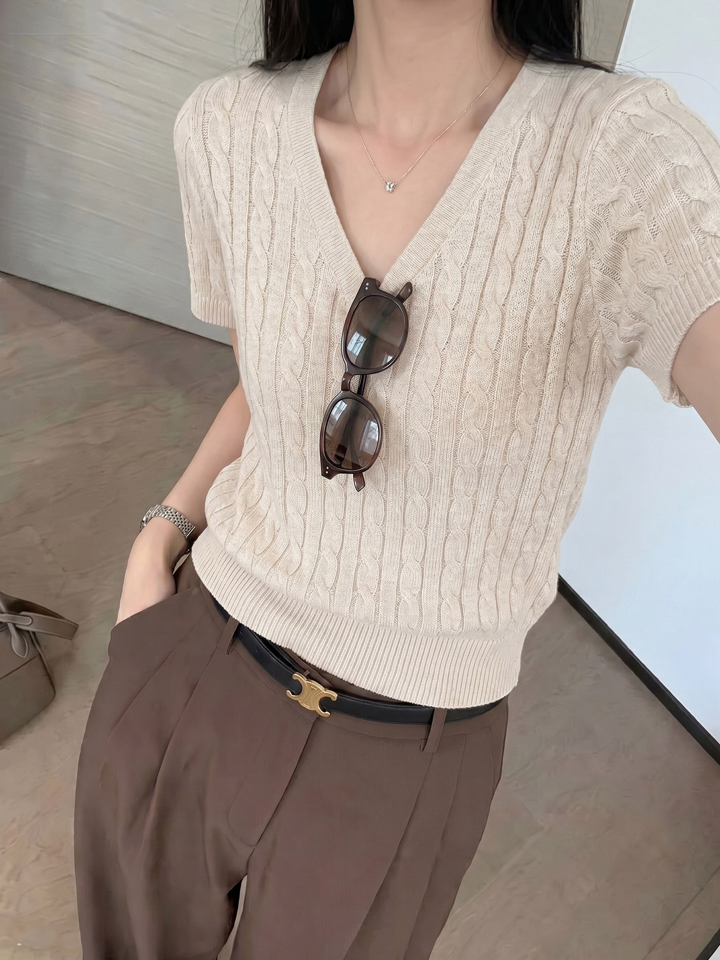 Women V-Neck Twist Knit Short Sleeve Slim Fit Summer Top