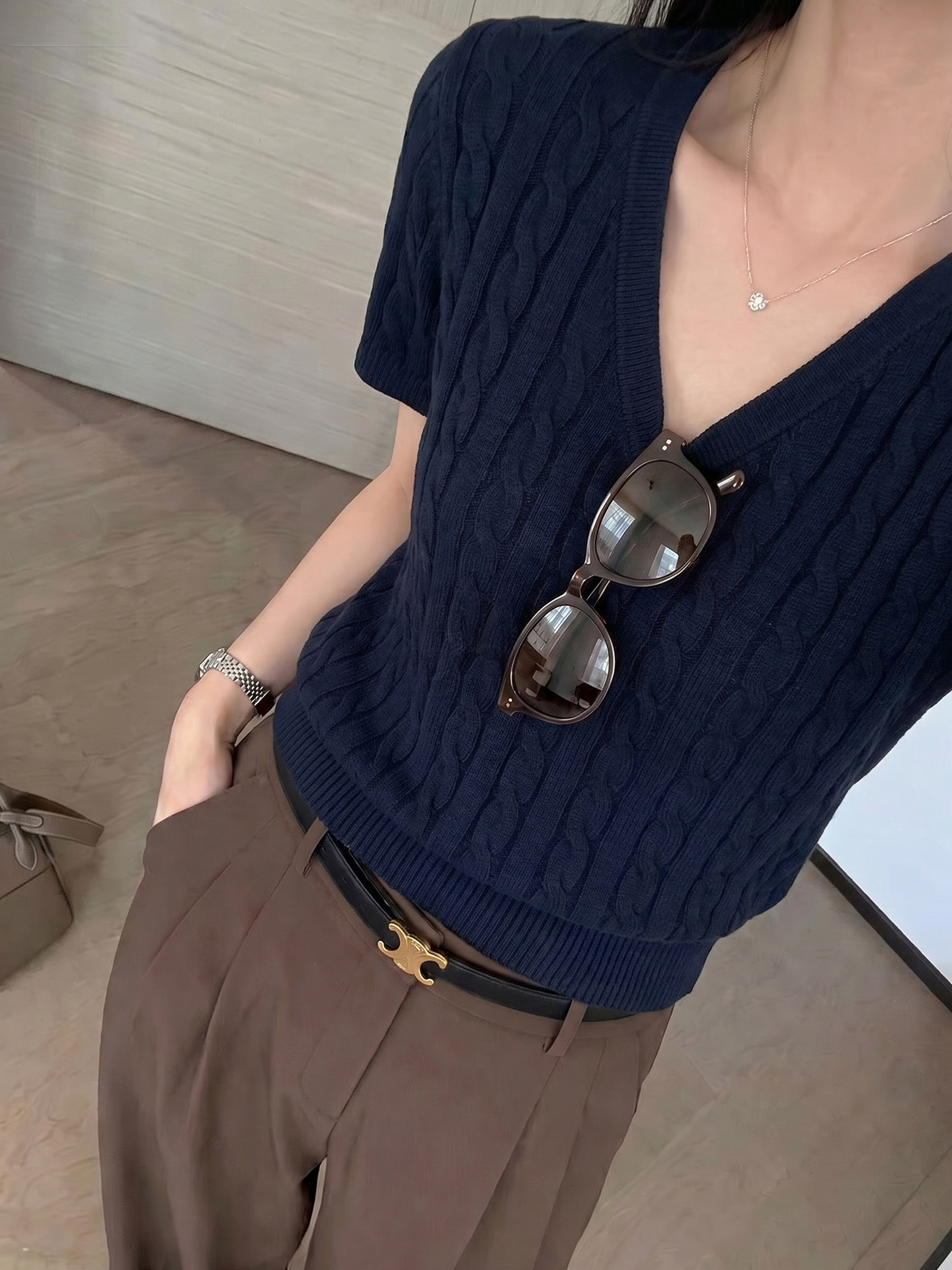 Women V-Neck Twist Knit Short Sleeve Slim Fit Summer Top