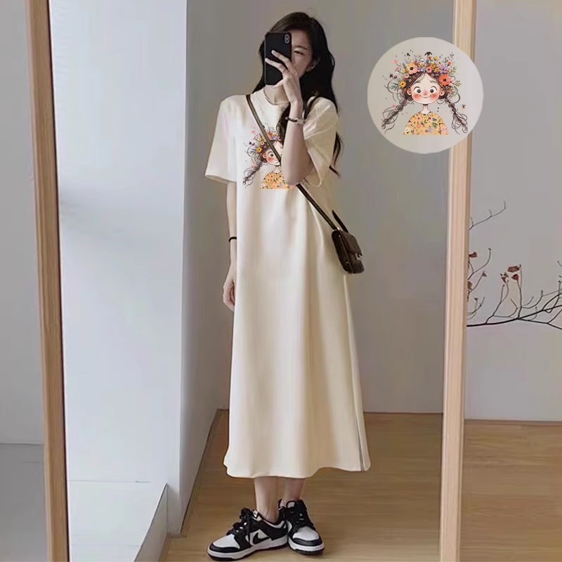 孕妇夏季短袖连衣裙韩系休闲慵懒风t恤裙子宽松大码过膝长裙纯棉 — 8