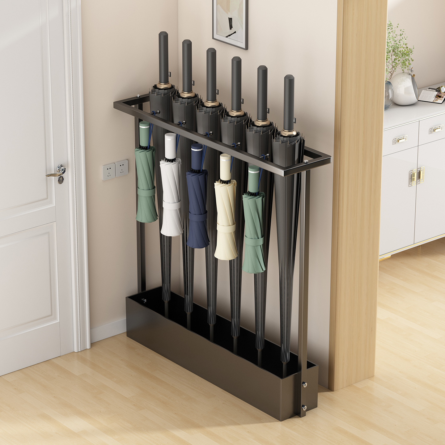 家庭用ドア用傘立て、便利な傘バケツ、商業用傘置き用具、隙間コーナー傘立て