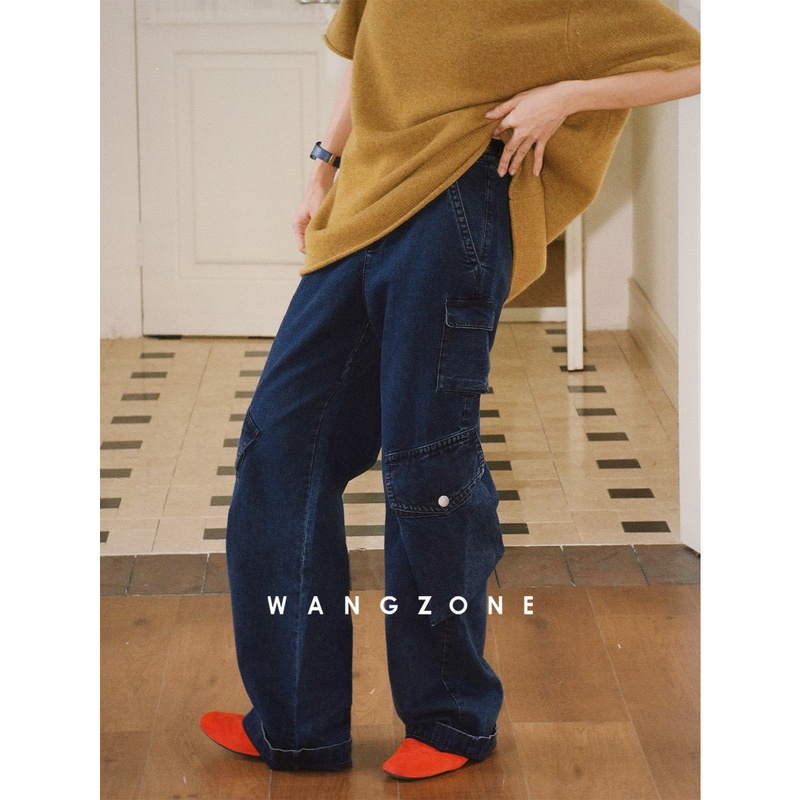 Wang Zone｜"Stitchy the Stitcher Man" Imported Yarn Casual Retro Wide-Leg Workwear Side Pocket Denim Long Pants for Women