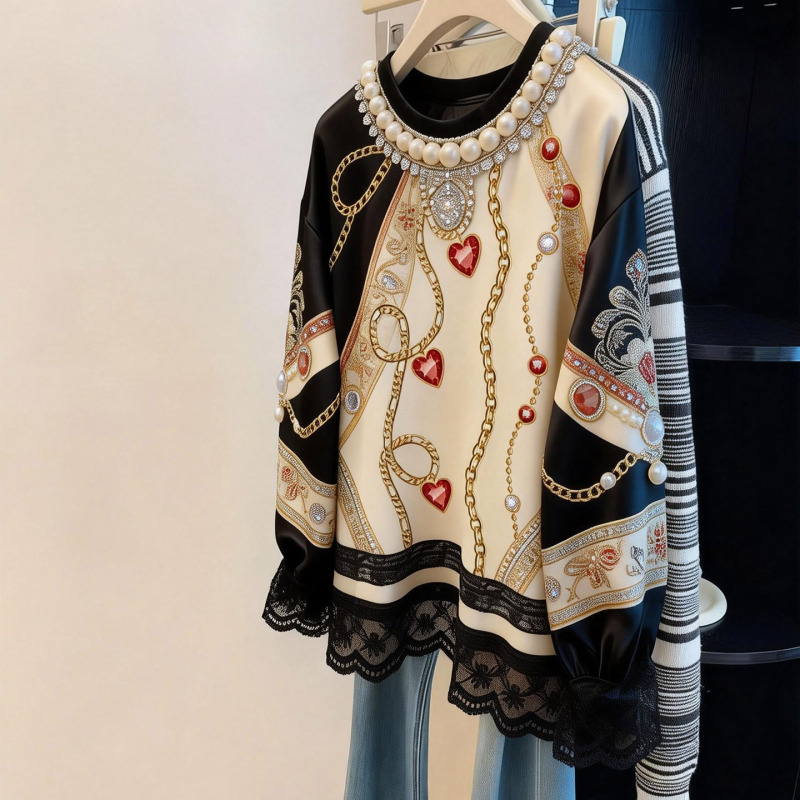 2026 Spring New Fashionable and Beautiful Heavy Beaded Lace Patchwork T-Shirt Top with a High-End Feel for Women's Clothing