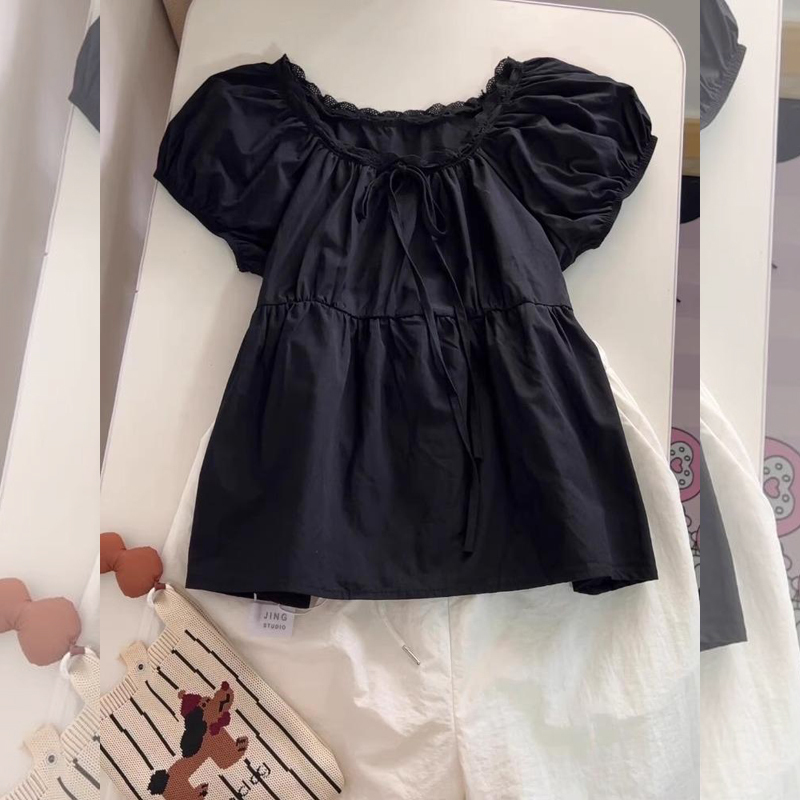Black Lace Lace-Up Puff Sleeve Shirt for Women Summer 2025 New Style French Age-Reducing Elegant Small Shirt Top Black Lace Lace-Up Puff Sleeve Shirt for Women Summer 2025 New Style French Age-Reducing Elegant Small Shirt Top
