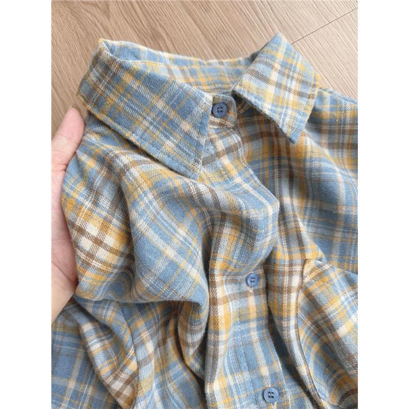 Early Autumn Jacket, American Retro Color-Block Plaid Shirt for Young Women, High-End Loose Long-Sleeve Shirt Outerwear