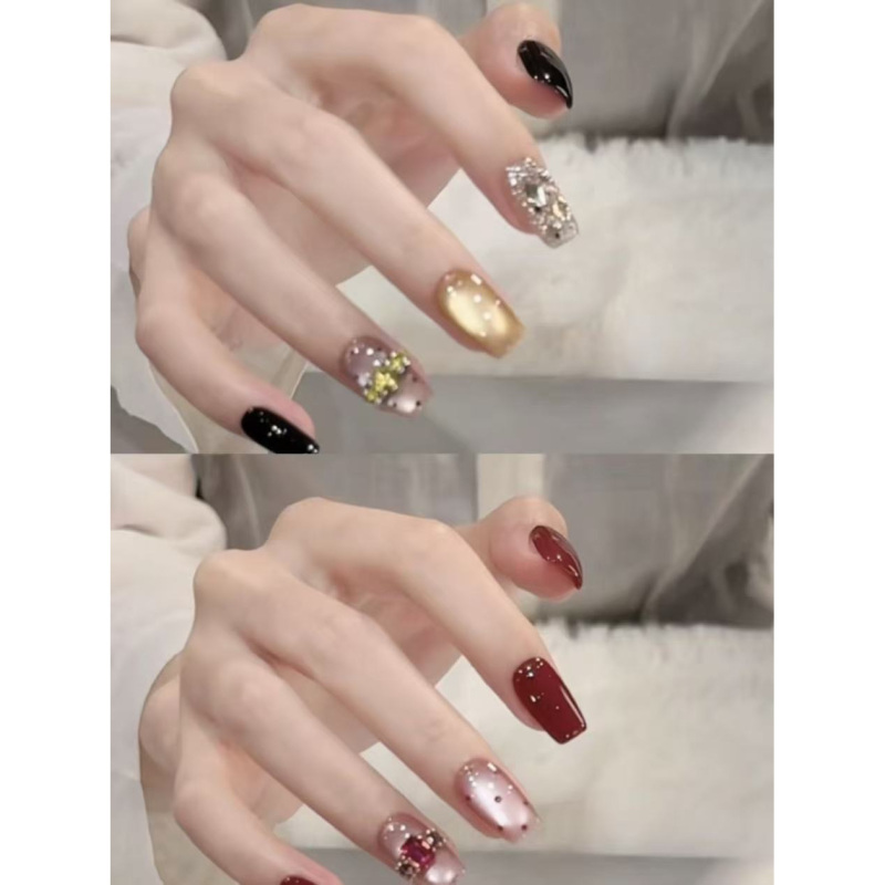 Ab Style [Black Plum Pineapple] Short-Length Nail Art That Enhances Complexion and Adds Elegance, Designer Handmade Wearable Nails in Nude Color, 10 Pieces